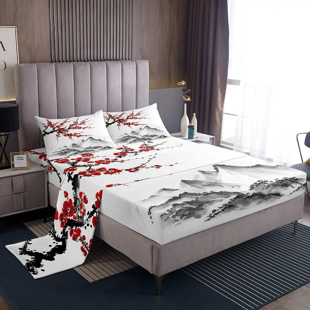 Feelyou Japanese-Style Decorative Bedsheet Set - Red Cherry Print, Mount Fuji Black-White Ink Painting Microfiber Sheet, Soft Breathable Comfy Bed Linen for Adult Women Teens, Decorative Bedsheet Sets, Microfiber Sheet Set