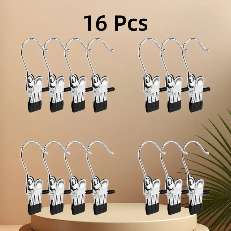 Premium Hooks Hanging Clips, Laundry Hanging Hooks Clothes Boots Chrome Pins Clips Hangers (16PK)