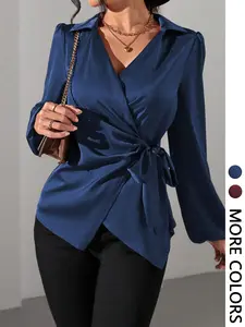 Women's Slimming Chic V Neck Tie Waist Long Sleeve Shirt Blouse, Commuter Versatile Belted Top, Elegant Office Wear, Perfect Fit Design