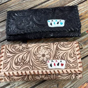 Handcrafted Black Leather Wallet with Intricate Floral Embossing and Unique Poker Chip Accent