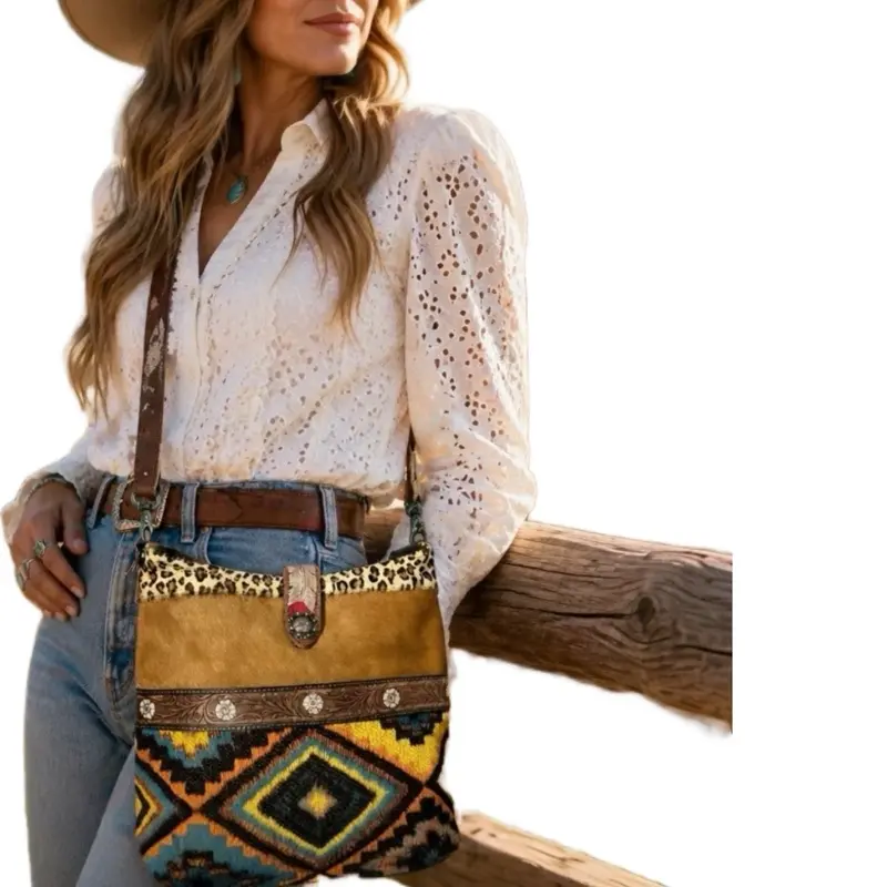 Myra Cowhide Crossbody Bag | Hand-Tooled Leather Western Boho Purse | Leopard Canvas Cowgirl Bag