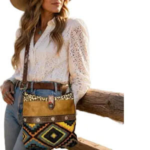 Myra Cowhide Crossbody Bag | Hand-Tooled Leather Western Boho Purse | Leopard Canvas Cowgirl Bag