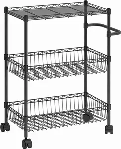 3 Tier Rolling Storage Cart, Metal Wire Kitchen Cart with Baskets & Handle, Utility Trolley on Wheels for Kitchen, Bathroom, Laundry, Pantry & Office