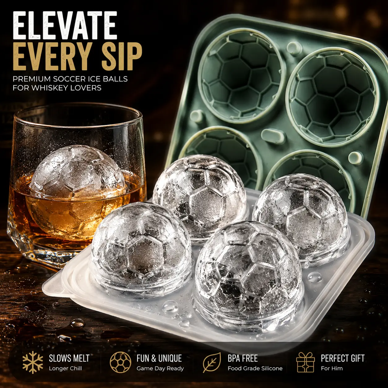 4-Cavity Classic Silicone Sport Themed Soccer Ice Mold - 143 mm Long, 55 mm Diameter Reusable Ice Cube Tray for Whiskey, Smoothies - Home & Party Supply, Father’s Day Gift for Soccer Fans