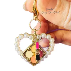 Clip on Purse Zipper Charm with Lipstick and Eyeshadow Charms on Pearl Heart Pendant for Stylish Accessories