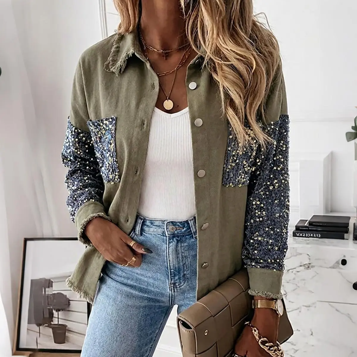 CHICME Women's Sparkly Sequin Patchwork Denim ShacketOversized Button Front Raw Hem Casual Jacket