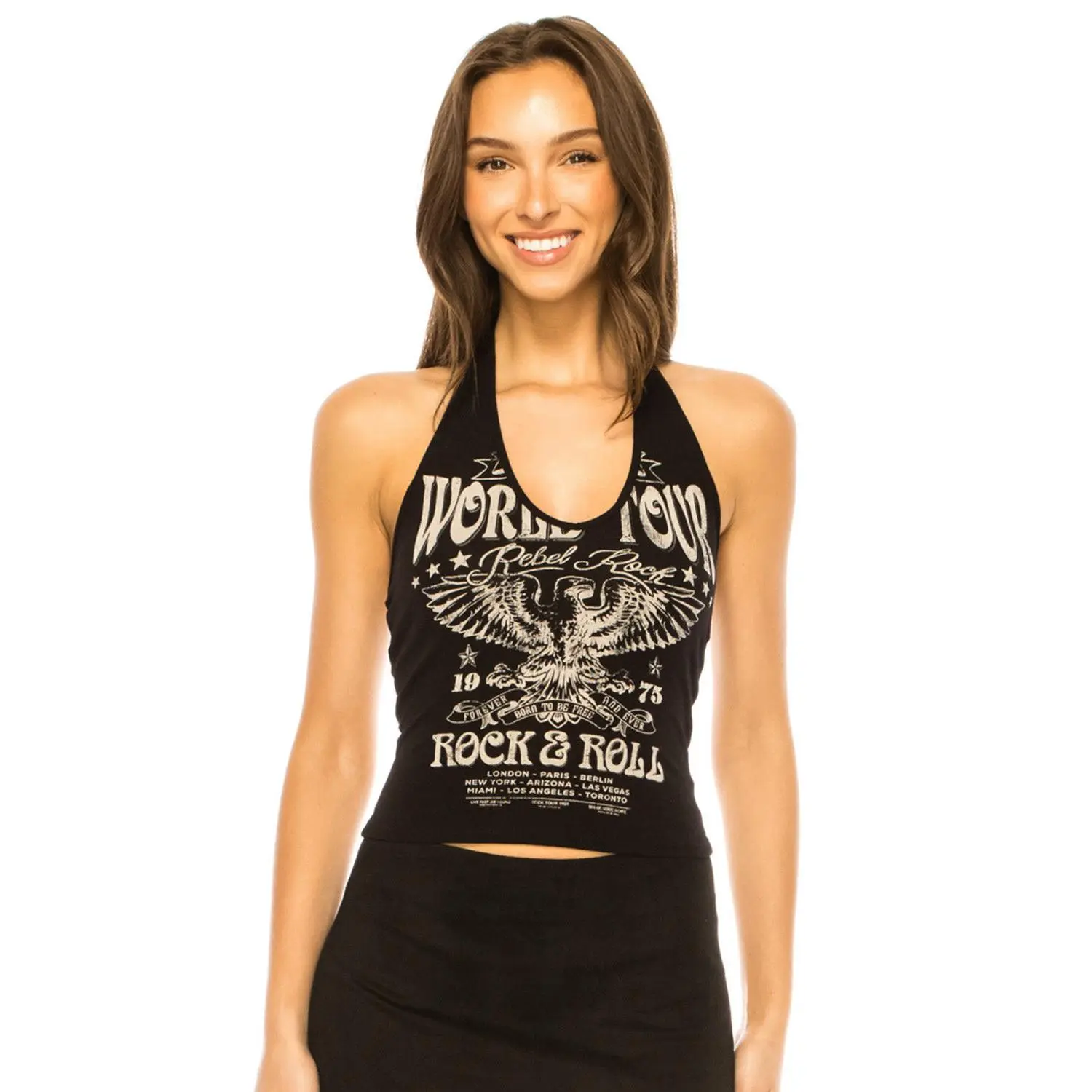 Women's Casual Halter Top, Slim-Fitting Sleeveless World Tour Graphic Print, Stretch Cotton, Made in USA, World Tour Print, Halter Neck, Spandex Blend, Original, Everyday, Conforming Cut, Bold Print