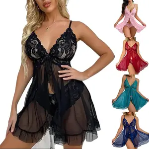 Womens Lace Ruffle Cami Nightdress & Thong Set  Adjustable Strap Backless Sleep Dress & Knicker Set