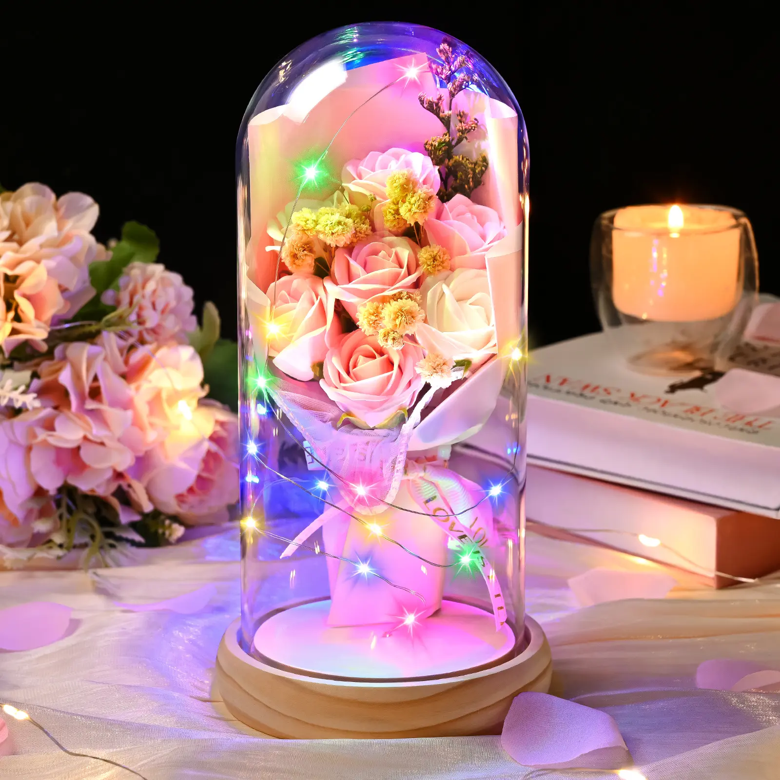 Mother's Day Romantic Eternal Rose Flower in Glass Dome with LED Lights, Mother's Day gift,Valentine's gifts, Christmas Flower Gifts for Women, Light up Rose Anniversary Romantic Gift for her,Birthday Valentine's Day or Home Decor