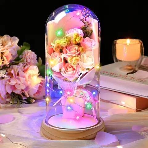 Christmas Gift Pink Artificial Rose Bouquet in Glass Dome with LED Lights - Romantic Christmas Gift for Women, Room Decor Accessories, Home & Festive Supplies