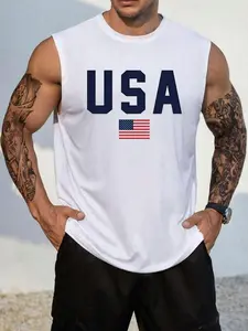 Men's American Flag Print Breathable Tank Top, Regular Fit Casual Sleeveless Top for Summer, Men's Clothes for Daily Wear, Menswear