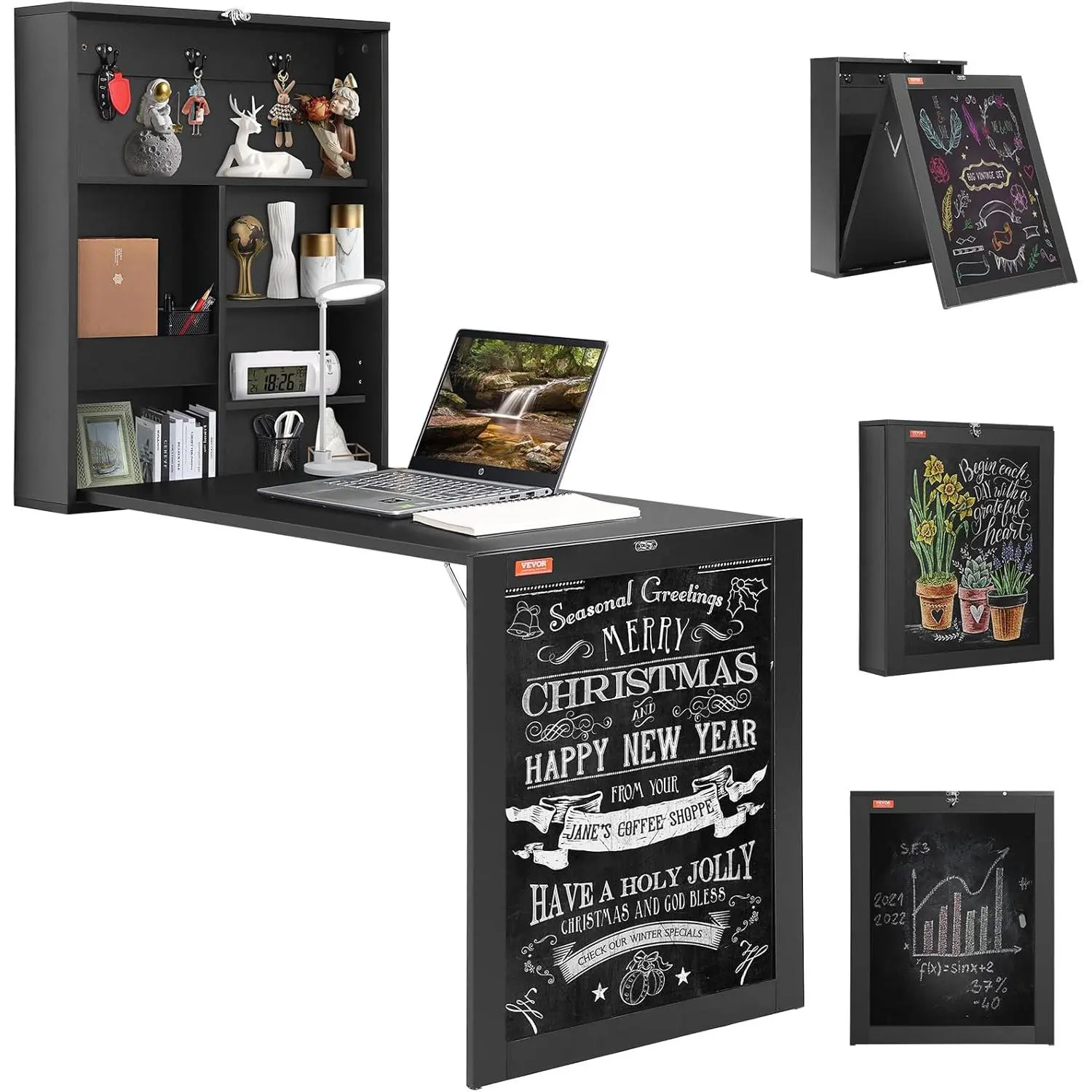 VEVOR Wall Mounted Desk, Fold Out Convertible Desk, Multi-Function Folding Wall Table with Chalkboard for Home Office, Space Saving Computer Table with Storage Area