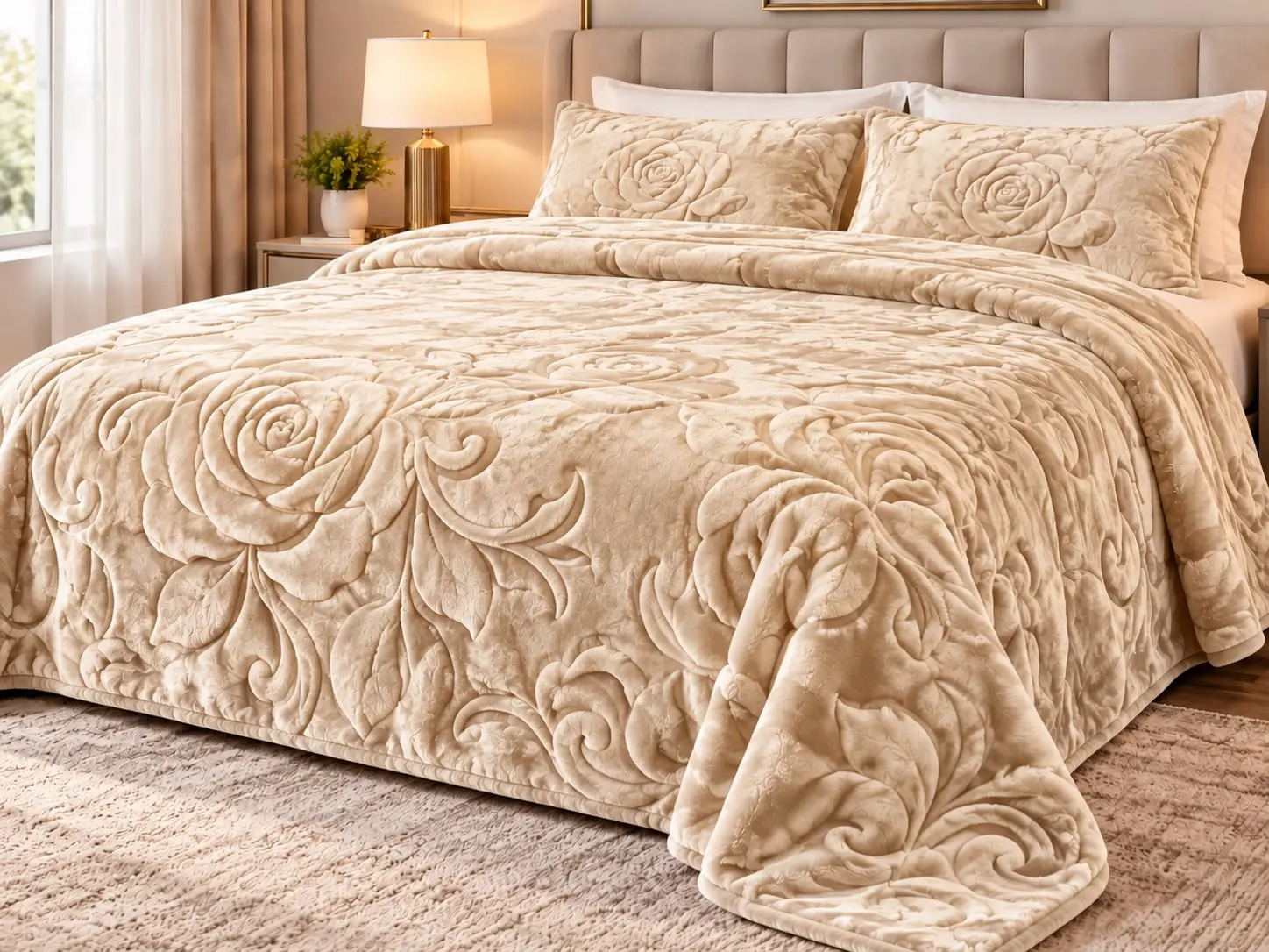 LUXURY 10LB HEAVYWEIGHT CARVED PLUSH BLANKET BEIGE QUEEN