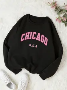 Women's Chicago Usa Print Pullover Sweatshirt, Casual Loose-Fit Round Neck Jumper, Fall & Winter Thick Knit Fabric, New Arrival