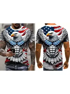 Men's Patriotic 3D American Eagle & Star Stripes Print Fitted T-Shirt, Casual Streetwear Comfortable Material, Short Sleeve Pullover, Outdoor Activities, Menswear