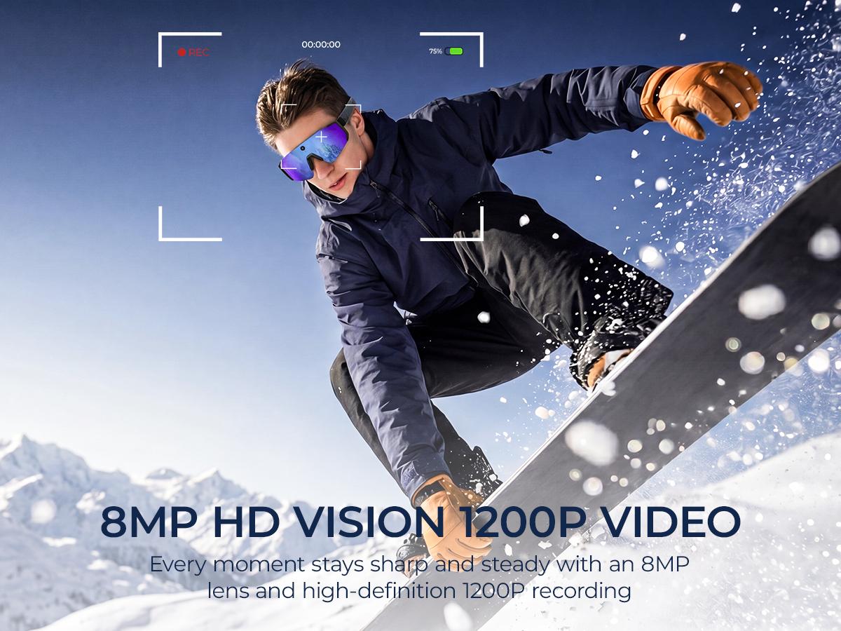 Smart Sports Glasses with 8MP Camera, 2KPhoto/1200P Video Recording WearableGlasses, IP54 Waterproof MultifunctionalWireless Audio Bluetooth Glasses withHeadphone, Outdoor Sports PolarizedSunglasses with Al Voice Assistant, UVProtection Eyeglass