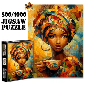 1pc 1000 piece adult puzzle 70x50cm Woman in Colorful Headwrap Holding Decorative Cup 500 pieces paper jigsaw puzzle suitable for DIY creative games for adults and families, birthday and holiday stre