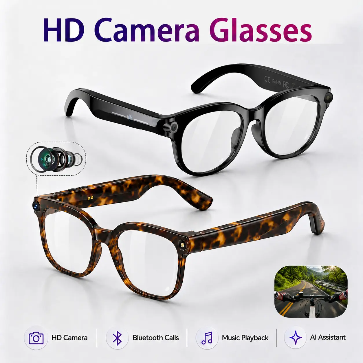 Smart AI Camera Glasses – 3 Lenses, 8MP HD Recording, Real-Time Translation, Music & Calls, Hands-Free Outdoor Adventure Glasses.wearable gift for men and women