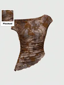 ROMWE Hippie Vintage Tie-Dye Floral Mesh Top, See-Through Oblique-Shoulder Waist-Tight Blouse, Trendy Party Outfit