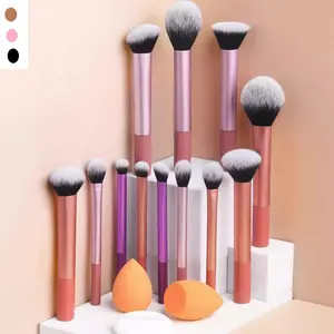 Professional Makeup Brush Set with 12 Brushes, 2 Beauty Sponges, 1 Powder Puff, Blush Brush, Loose Powder Brush