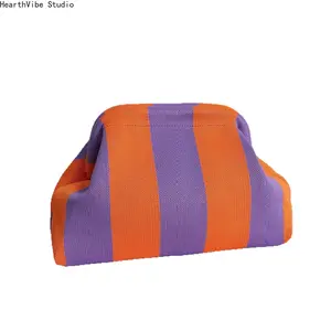 Women's Vibrant Stripe Knit Cloud Pouch - Sporty Gym Bag, Crochet Dumpling Clutch, Orange-Purple Contrast Shoulder Handbag for Beach Party Travel, Sporty Gym Bags