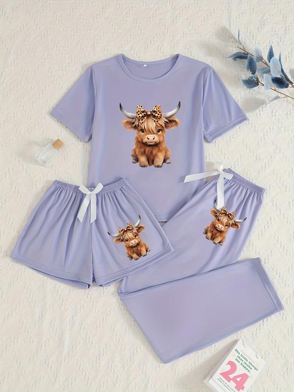 Cartoon Highland Cow Print Women's Pajama Sets, Casual All Seasons Nightwear, Fitted Knitted Fabric Sleepwear