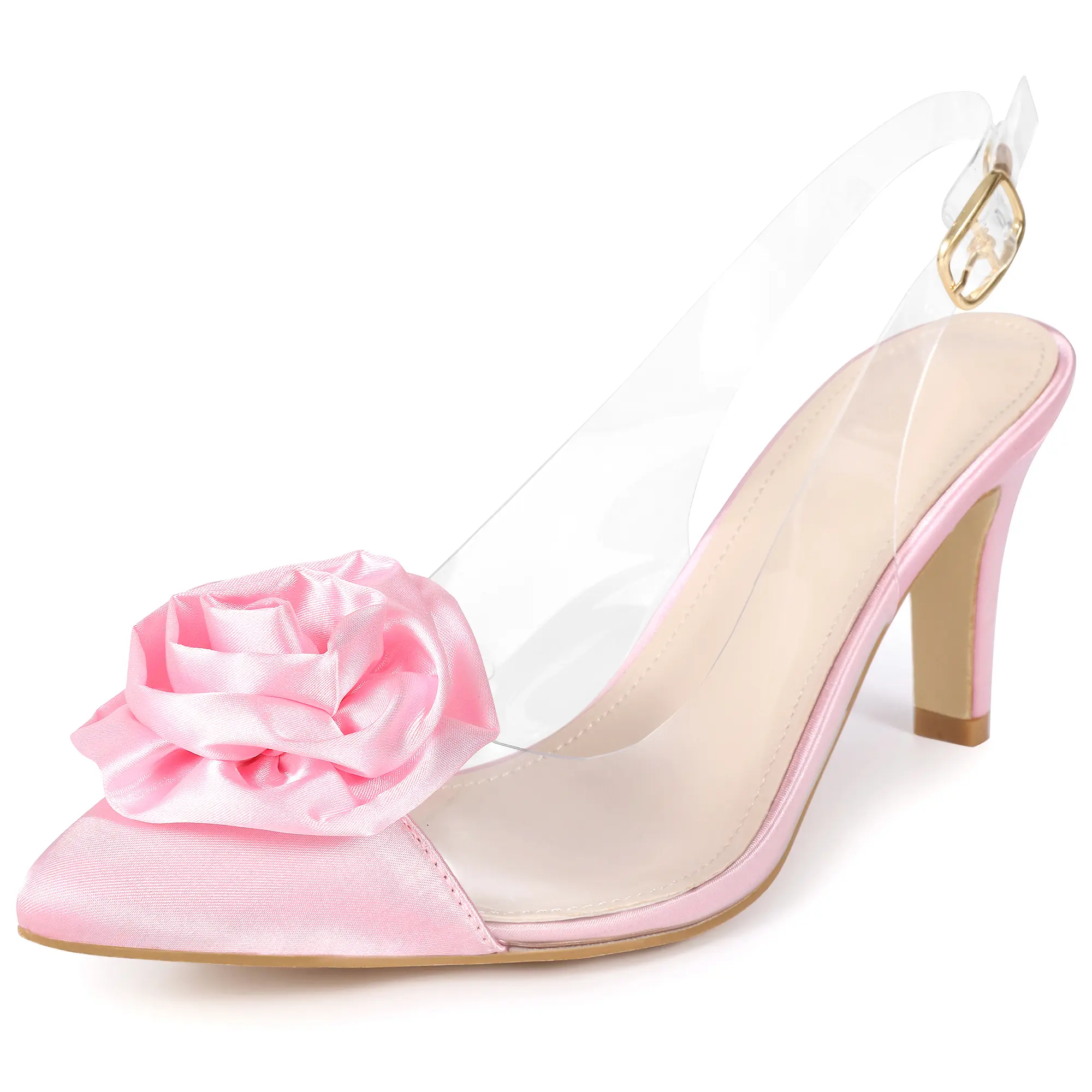 BLISSFUL STEP Women's Clear Flower Stiletto Heel Sandals Pointed Toe Slingback Pumps