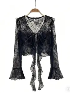 Women's Bow Tie Full Lace Cardigan, Bell Sleeve Convertible Shawl, Breathable Lightweight Summer Sun Protection, Casual Daily Wear Womenswear