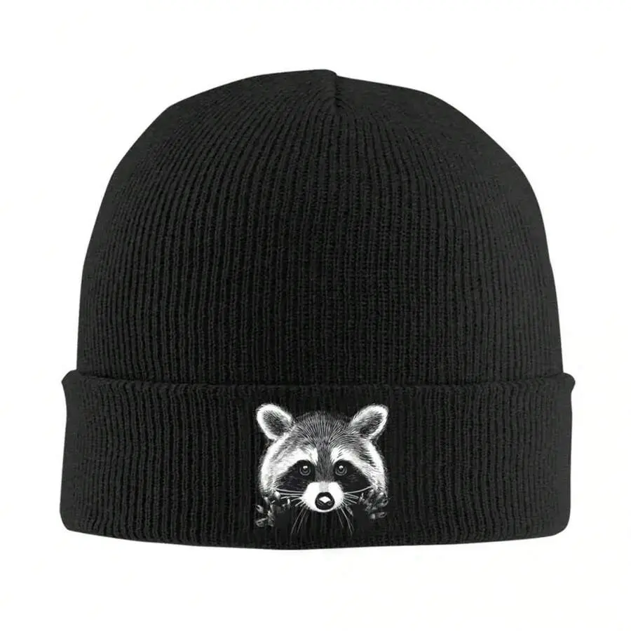 Knitted Raccoon Beanie Hat, Soft Stretch Acrylic Winter Headwear for Men & Women, Warm & Breathable for Casual & Party Wear, Fitted, Commute, Unisex Size, Outdoor Trips, Raccoon Print, Flat Dry, Heat Insulating, One Size