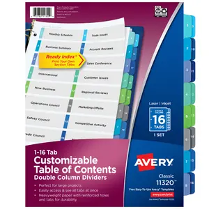 Avery Double Column Dividers for 3 Ring Binders, 16 Tabs per Set, Customizable Table of Contents, Multicolor Tabs (11320)
