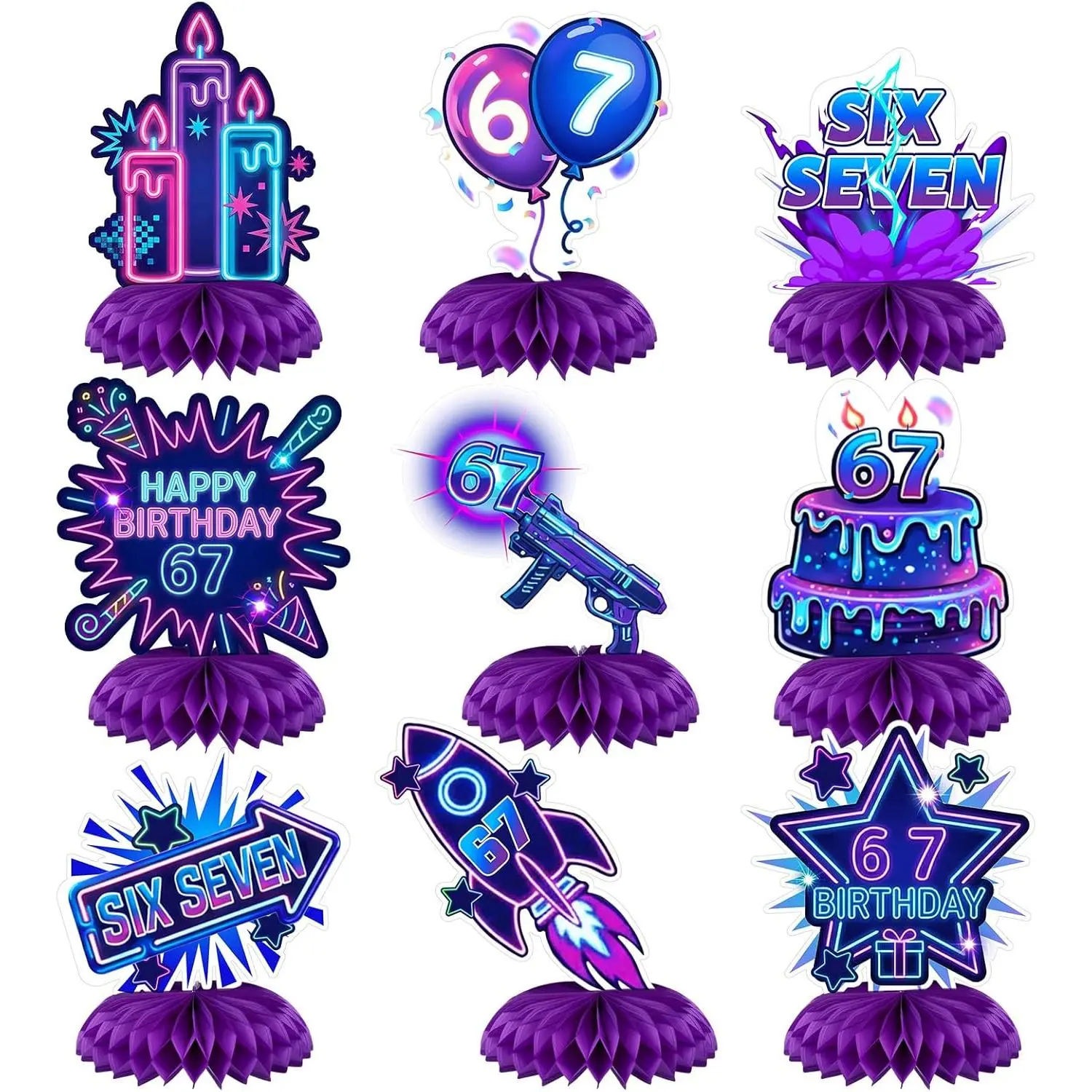 Sabary 9 Pcs 6 7 Neon Birthday Decorations 67 Meme Honeycomb Centerpieces 6 7 Neon Punk Party Decorations Six Seven Honeycomb Centerpiece 67 Meme Table Decor for Birthday Baby Shower Party Supplies