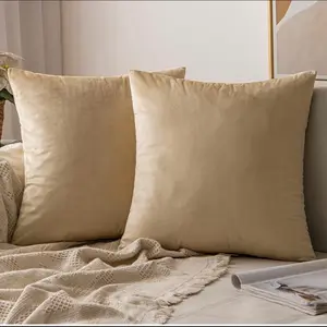 Pack of 4 Velvet Soft Solid Decorative Square Throw Pillow Covers Set for Spring Bedroom Couch 20x20 Inch Beige