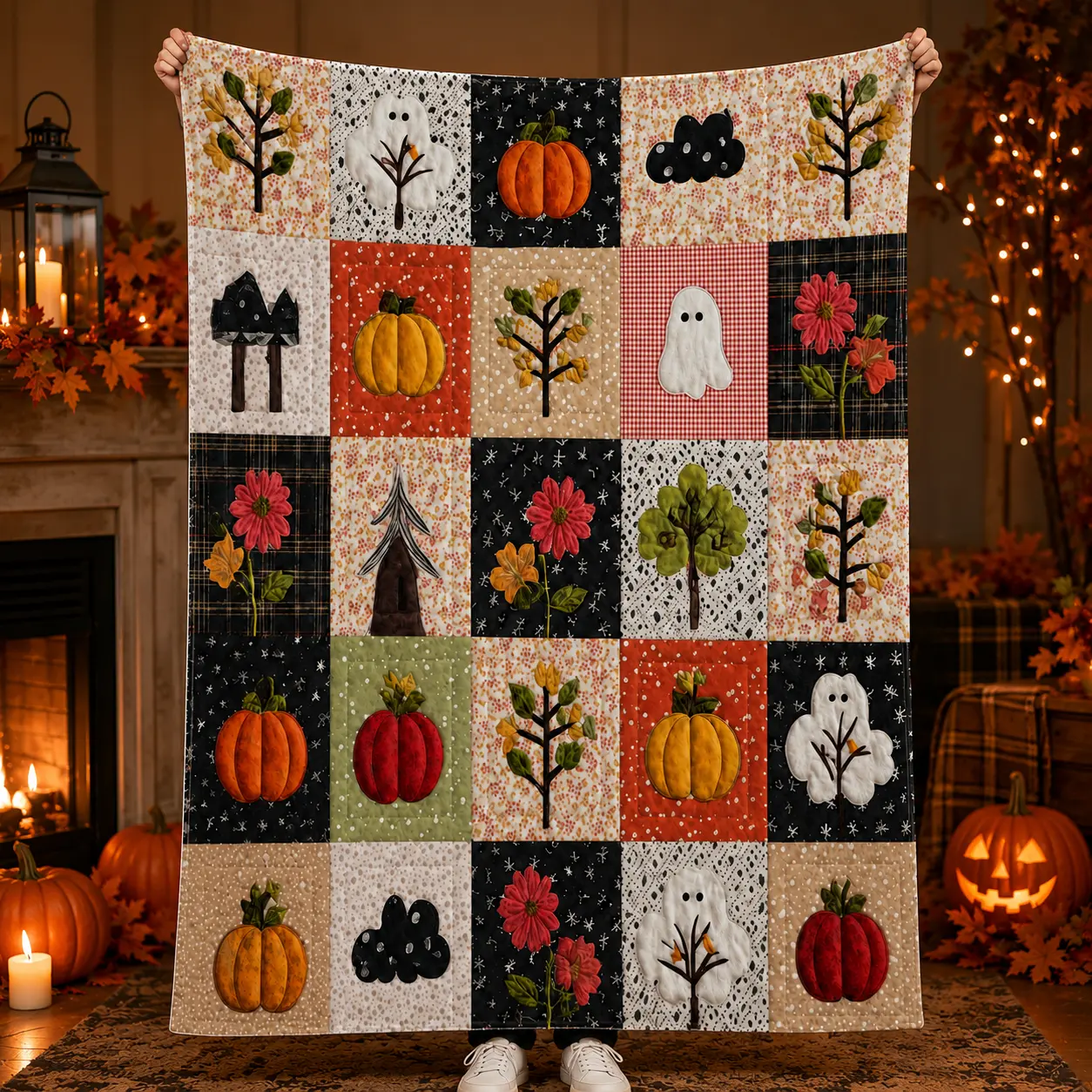 Ghost Pumpkin Floral Tree Mushroom Patchwork Flannel Throw Blanket, Cottagecore Autumn Art for Harvest Bedrooms and Halloween Lounges, Soft Sofa Accent for Couch Naps & Birthday Holiday Gift for Fall Home Decor Lovers