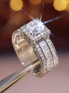 Wedding Ring, Elegant Silver Tone Square Stone Engagement Ring For Women, Fantasy Shiny Jewelry, Daily Wear, Valentine Day Gift, Birthday, Christmas Party, Mother's Day