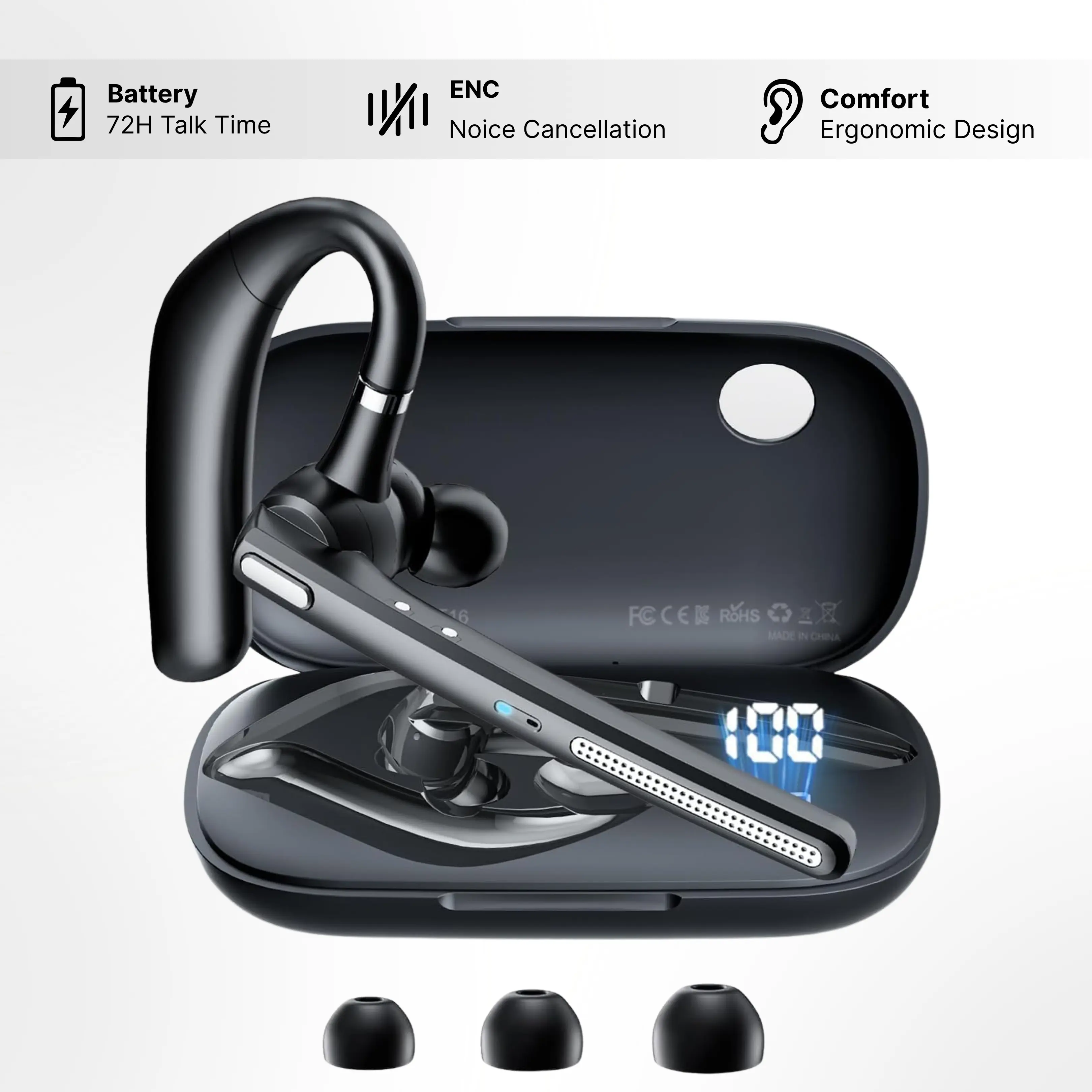 Bluetooth Headset with 72-Hour Talk Time & 500mAh Charging Case, Bluetooth V5.3 Headset with Noise Cancelling Mic – Wireless Earpiece Hands-Free Headphones for Office Trucker Driving Business,Black