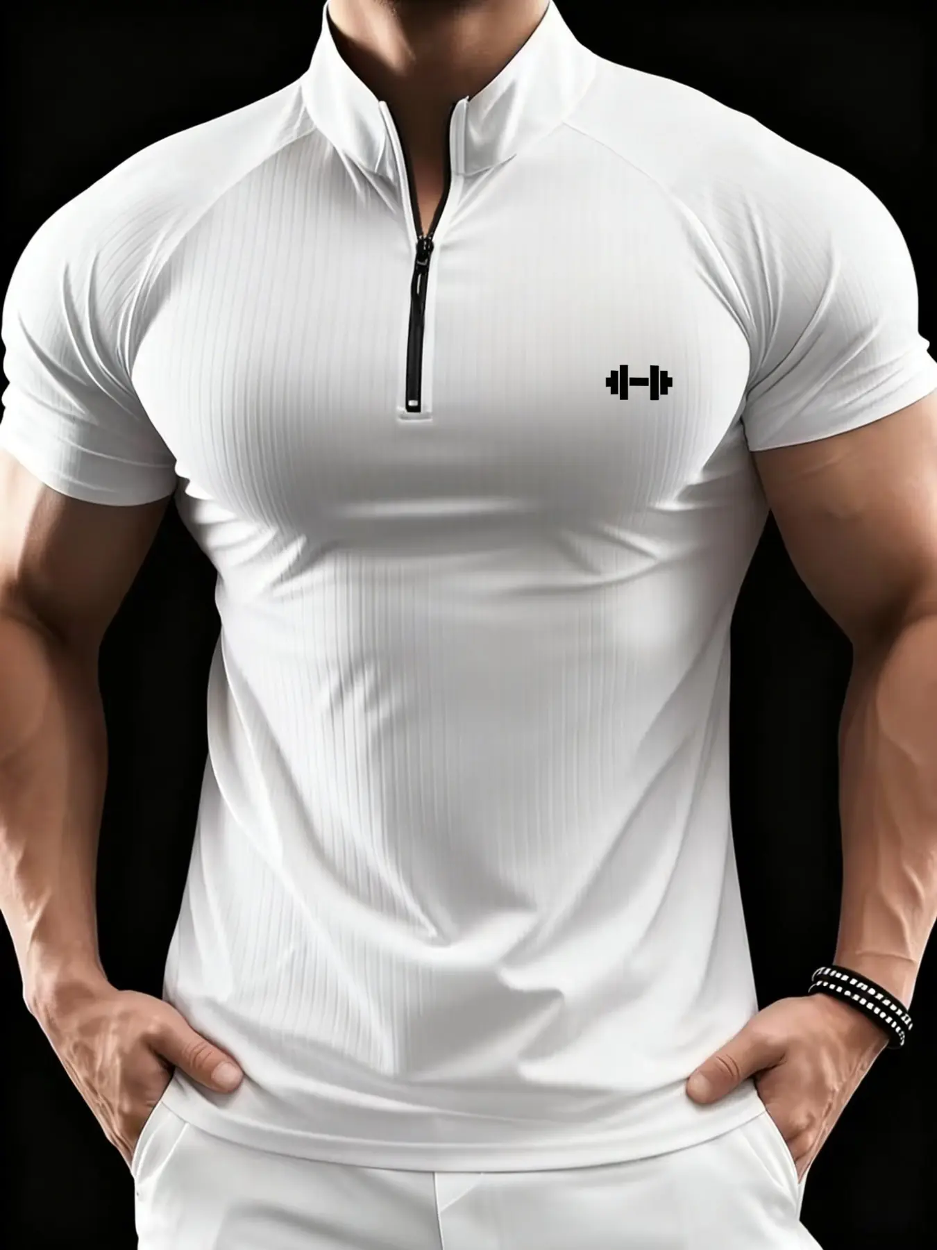 Men's European Style Stand Collar Half Zipper Sports T-Shirt, Print Design, High Elasticity Quick-Dry Breathable Fabric, Ideal for Gym Training, Gym Tees, Dry Fit Activewear, Athletic Top, Dry Fit Shirts, Active Tops