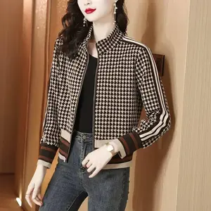 Elegant Houndstooth Print Women's Zip-Up Cardigan Medium Stretch & Easy Care, Classic Sweater for Ladies, Stylish Layering, Sophisticated Style, Comfortable Fit, Versatile Outerwear, Casual Outfit, Seasonal Wardrobe, Durable Material, Office Wear