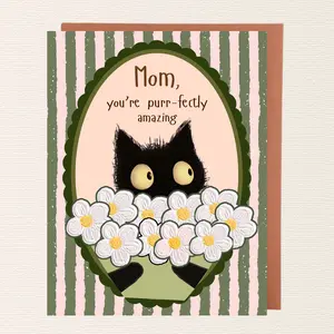 Cat Mom Mother’s Day Card Cute Black Cat Greeting Card Cat Lover Mom Gift Adorable Floral Cat Card A2 Card with Envelope