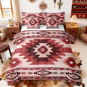 Bohemian Style Comforter Set with Sheets Vintage Red Stripes Tribal Grid Bedding Set,for Kids Teens Adults All Season Bedroom Dorm Decor Lightweight Bed Set,7 Pcs