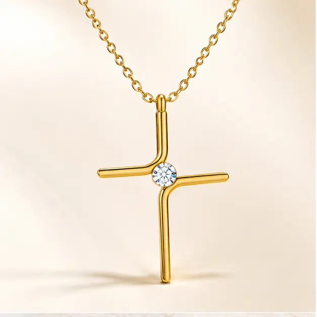 Gold Plated Cross Necklace for Women, Simple Geometric Titanium Steel Pendant with a Dainty Water Wave Clavicle Chain