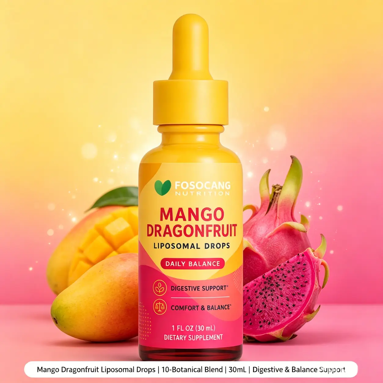 FOSOCANG Mango Dragonfruit Liposomal Wellness Drops, 10-Botanical Blend with Elderberry, Ginger, Peppermint, Digestive Aid, Prop 65 Safe, Supports Daily Balance, 1 FL OZ (30 mL)