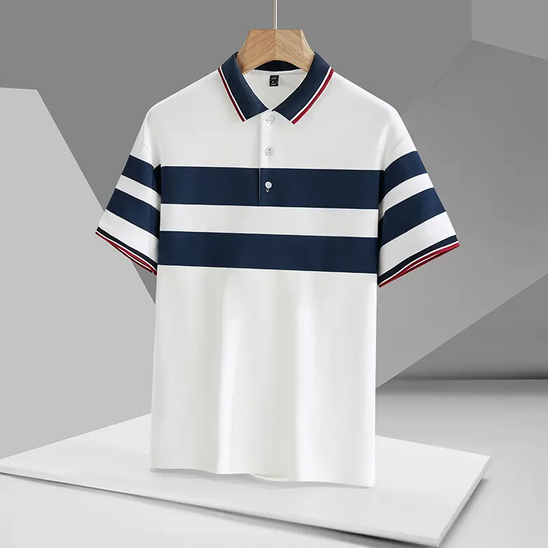 Men's Casual Fit Short-Sleeve Polo Shirt - White-Navy Striped, Polyester, Contrast Collar & Cuff Details, Foldable, Machine Washable Menswear Top for Daily, Work Wear, Shortsleeve, White And Navy Stripes