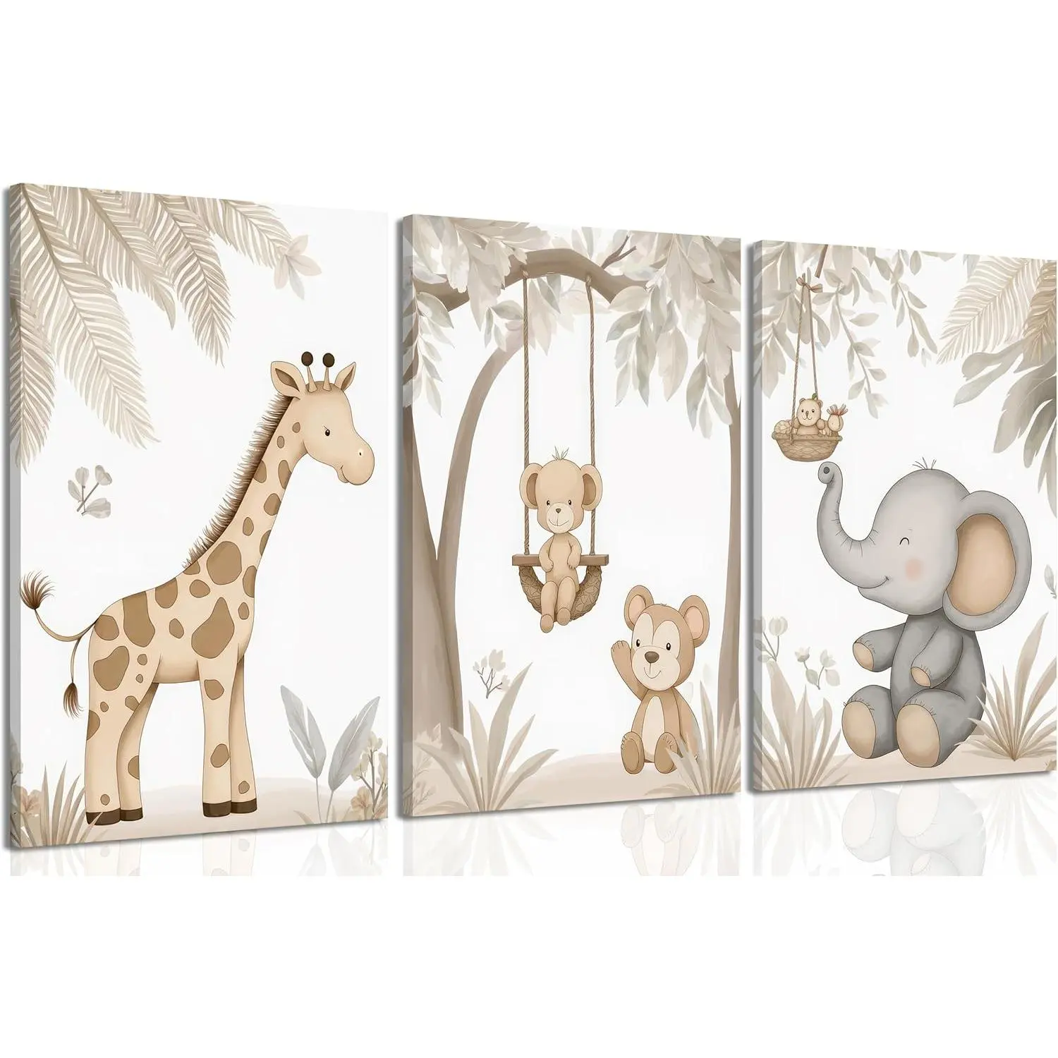 3Pcs Woodland Animal Nursery Canvas Wall Art Paintings - Neutral Safari Watercolor Posters, Giraffe Monkey Elephant Prints, Home Supplies Artwork Decoration, 12L" x 16H" for Kid Room, Balcony