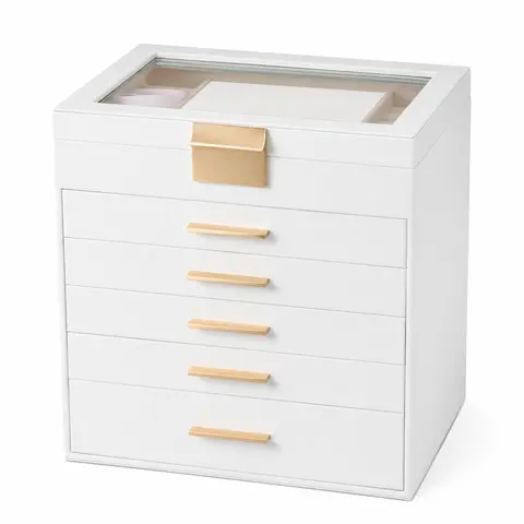BOOVO White Leather Jewelry Cabinet - 6-Tier Eco-Friendly Bedroom Dresser Organization Holder with Buckle, Durable Multifunctional Storage for Necklaces, Bracelets, Earrings, Rings, Desktop Case, Ladies' Birthday Gift