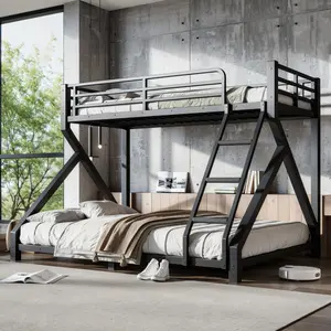 Twin XL Over Queen Bunk Bed Frame with Noise Reduced Design, Heavy Buty Floor Bunk Bed Twin XL Over Queen Bunk Beds with Ladder & Full-Length Guardrail for Kids,Teens,Adults, No Box Spring Needed, Noise-Free, Easy Assembly, Black