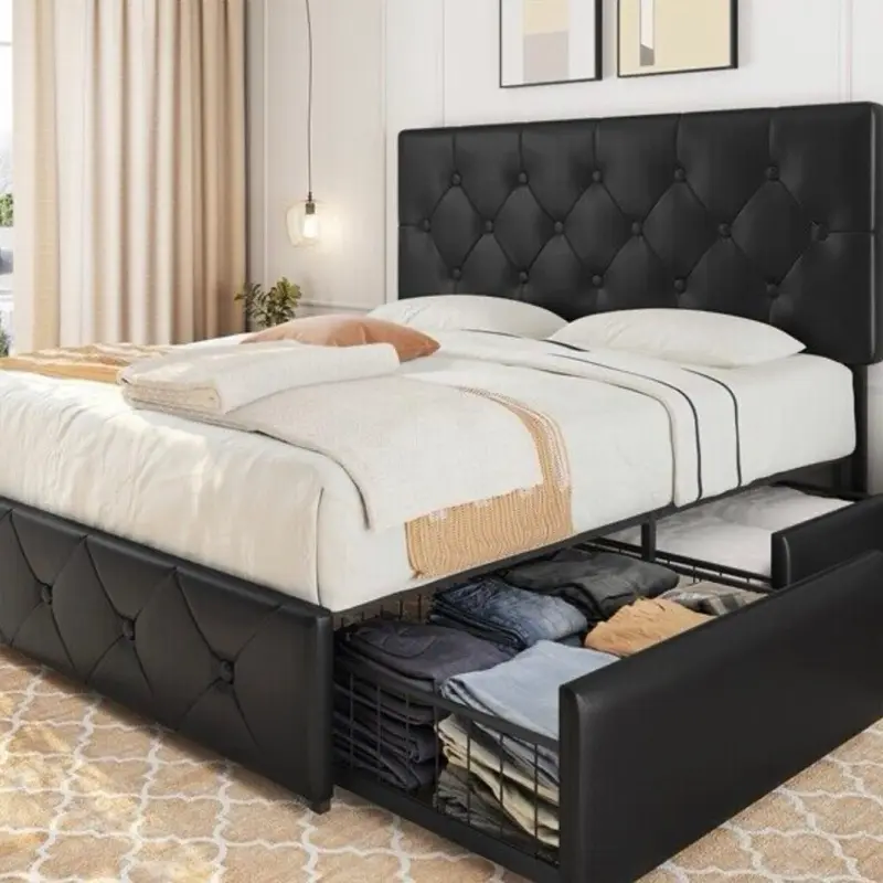 Queen Faux Leather Platform Bed Frame with Adjustable Headboard and 4 Drawers