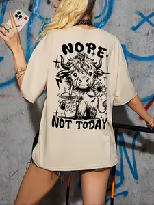 Women's Cartoon Highland Cow & Letter Print Drop Shoulder Tee, Fashion Casual Streetwear Crew Neck T-Shirt for Daily Holiday Vacation Outdoor Wear, Ladies Clothes for Summer
