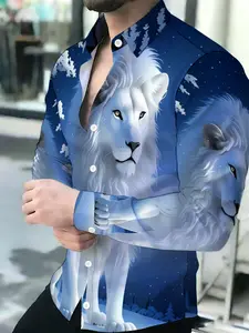 Men's Breathable Lapel Long-Sleeved Cardigan White Lion Blue Snowy Forest Print Animal Print Shirt