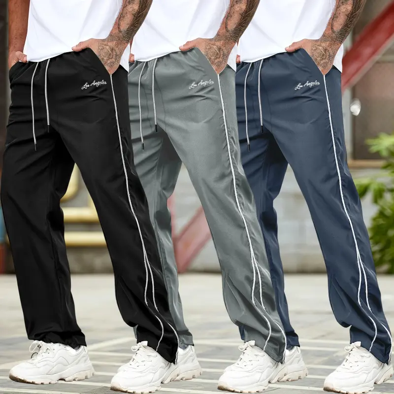 Men's 3-Pack Athletic Track Pants with Side Stripes, Multi-Color Pack of Baggy Sweatpants, Vintage 90s Streetwear Joggers with Elastic Waist and Drawstring, Casual Loose Fit Trousers for Gym and Daily Wear