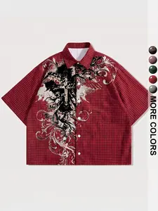 American Vintage Plaid Angel Print Short Sleeve Shirt, Men's Summer Trendy Distressed Oversize Casual Shirt, Fitted Spring & Fall Style